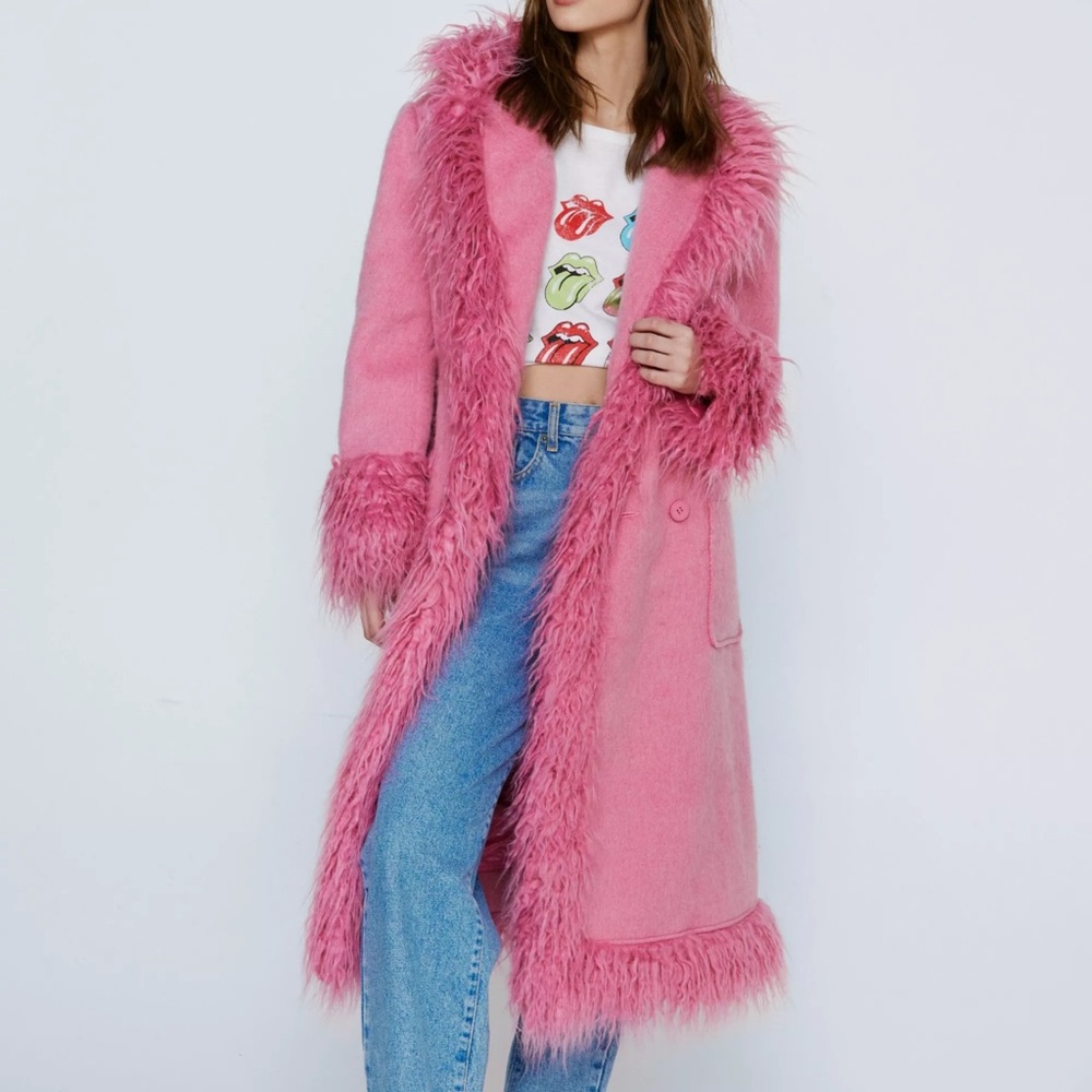 Nasty Gal Faux Shearling Fur Trim Wool Coat